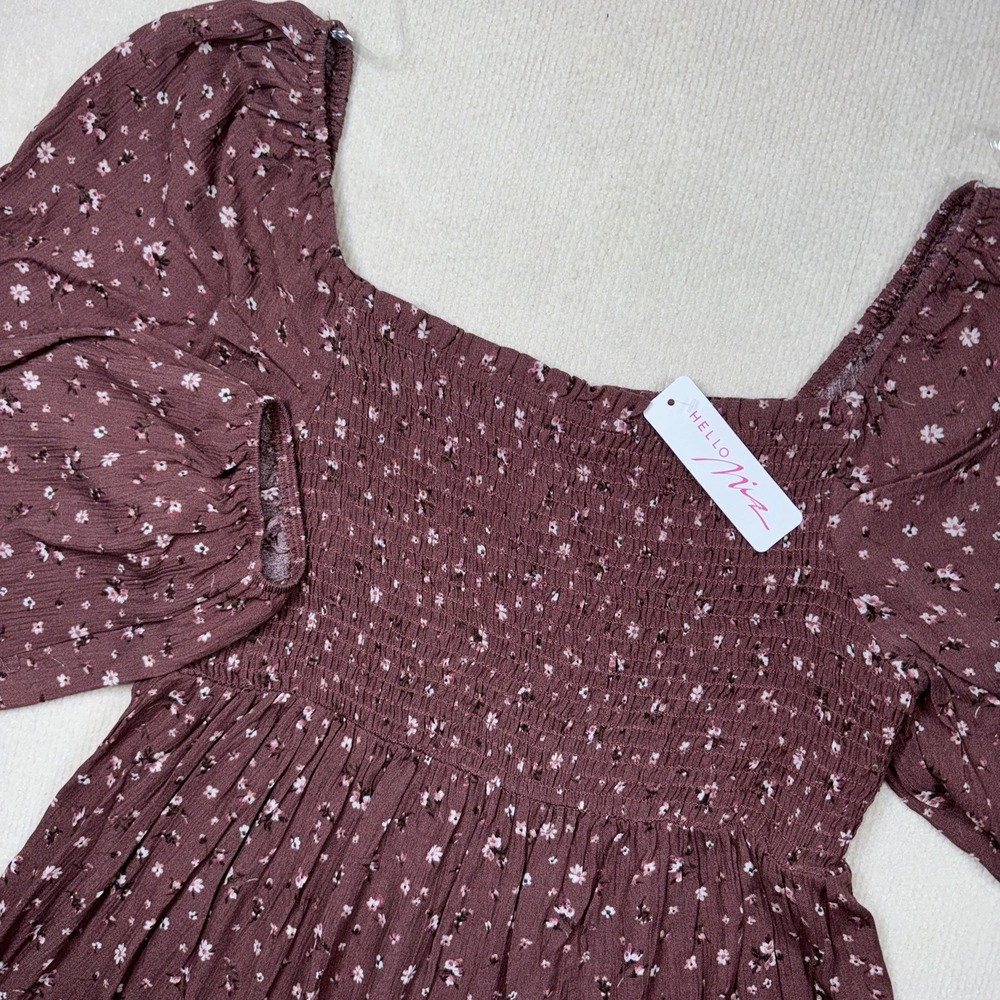 Hello Miz Smocked Floral Top Women L Mauve‎ Long Puff Sleeve Square Neck Boho